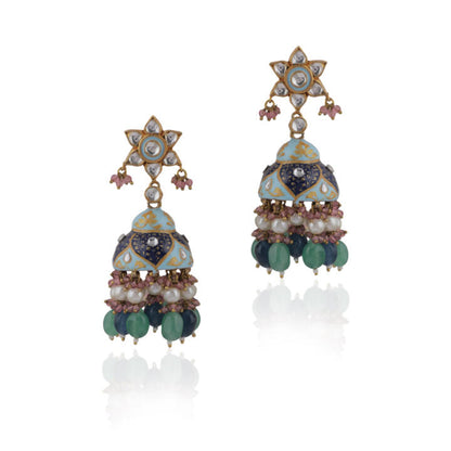 Firozi Meenakari Jhuki With White Pearl And Sea Green Beads