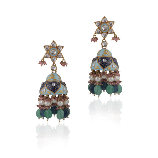 Firozi Meenakari Jhuki With White Pearl And Sea Green Beads