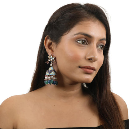 Firozi Meenakari Jhuki With White Pearl And Sea Green Beads