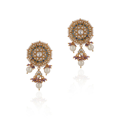 Blue & White Jadtar Stone With Pearl Stud Earrings