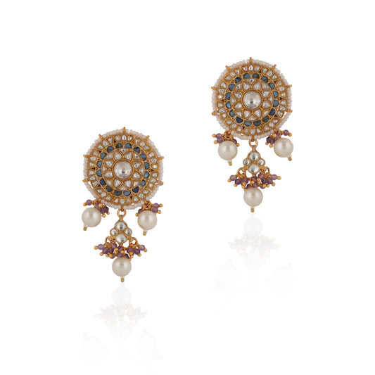 Blue & White Jadtar Stone With Pearl Stud Earrings