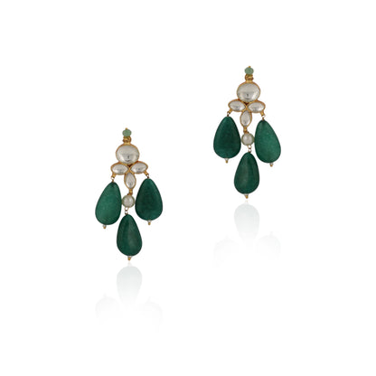 White Jadtar Earrings With Green Drops