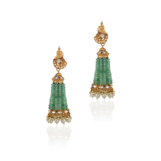 Rajasthani Sea Green Peacock  Shape Gold Plated Jhumki Design By Riana Jewellery