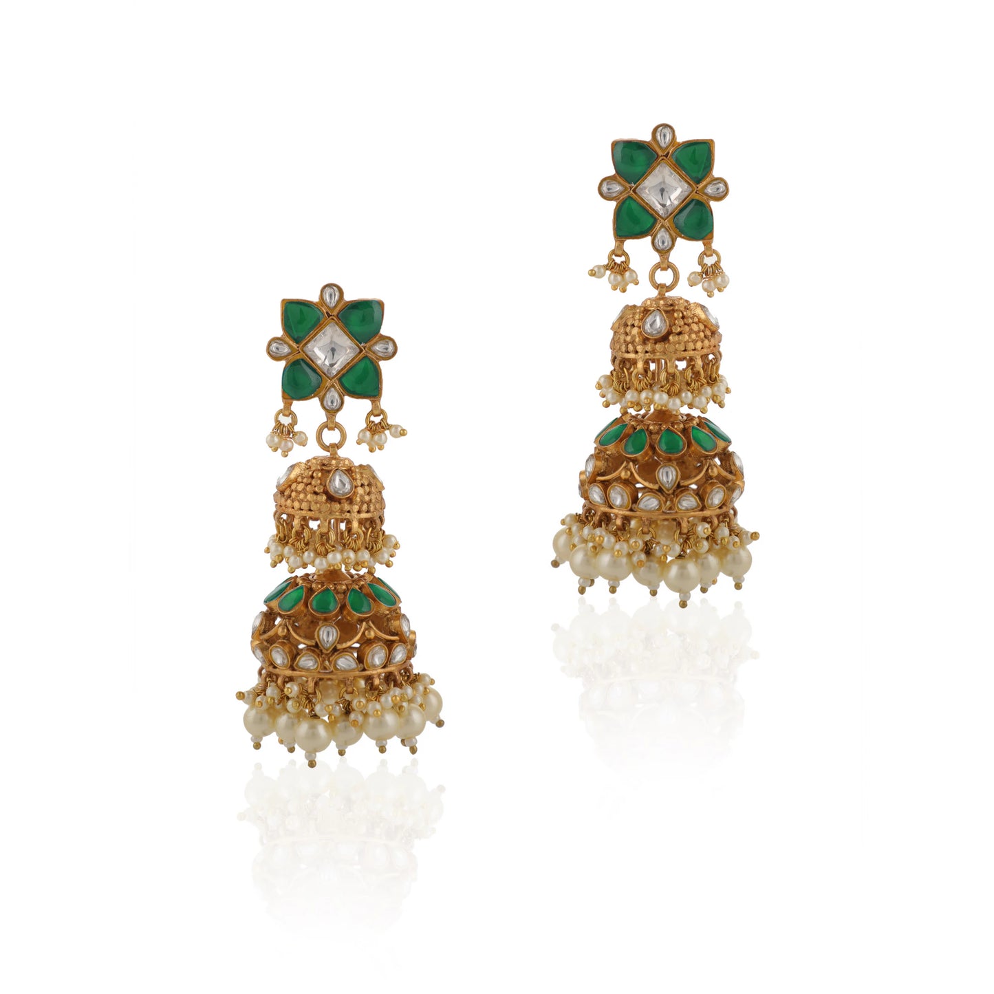 Green White Rajwadi Style Jadtar Double Layered Jhumki
