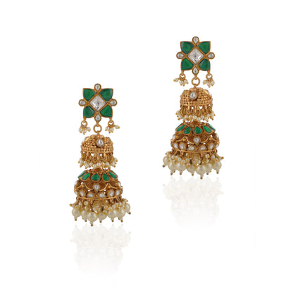 Green White Rajwadi Style Jadtar Double Layered Jhumki
