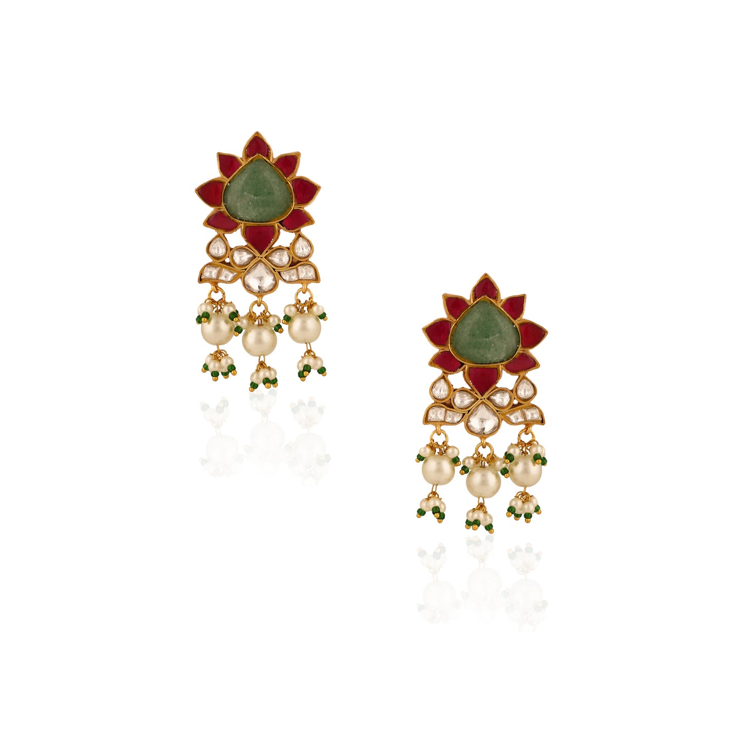 Gold Plated Pink Beads Mint Green Jadtar Dangler Earrings For Women