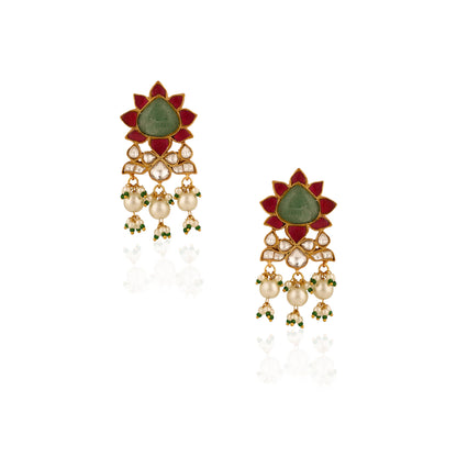Gold Plated Pink Beads Mint Green Jadtar Dangler Earrings For Women