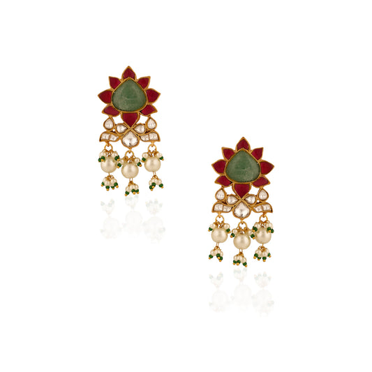 Gold Plated Pink Beads Mint Green Jadtar Dangler Earrings For Women