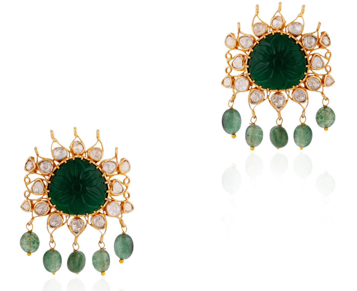 Green Emerald Stone With Sea Green Beads Earrings