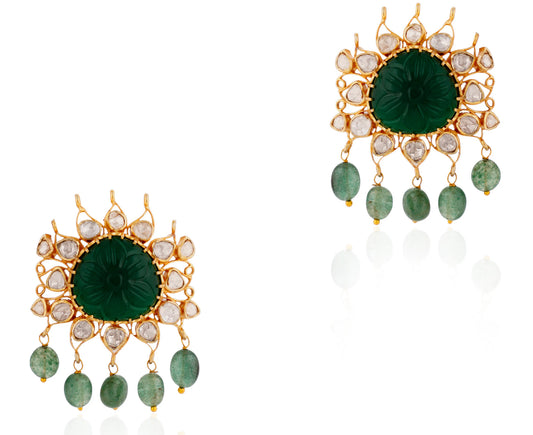 Green Emerald Stone With Sea Green Beads Earrings