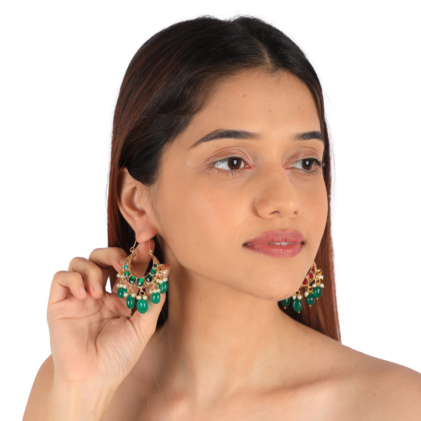 Riana Traditional Gold Plated Green Beads Pink & Green Stone Chandbaali