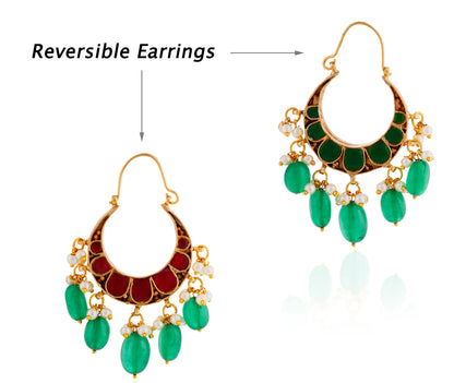 Riana Traditional Gold Plated Green Beads Pink & Green Stone Chandbaali