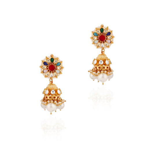 Navratna Stone Jhumkas Gold Plated Wedding Wear