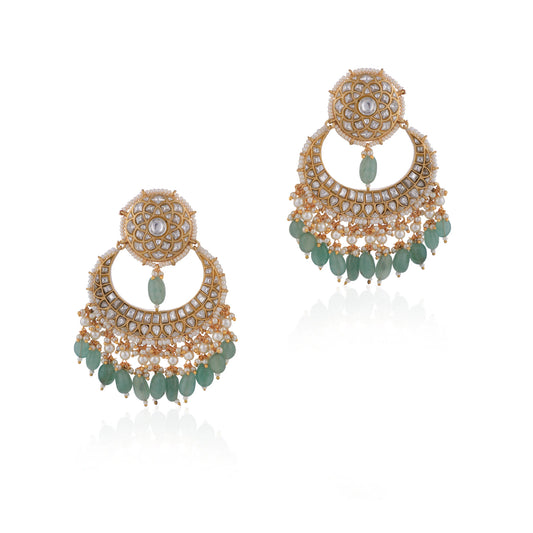 Gold Plated Chandbaali Drop Earrings Sea Green Beads Colour For Women & Girls
