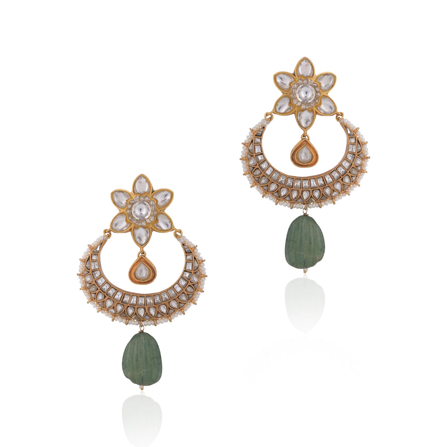 Gold Plated Jadtar Stone Dangle Earrings With Sea Green Drop