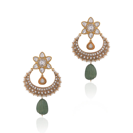 Gold Plated Jadtar Stone Dangle Earrings With Sea Green Drop