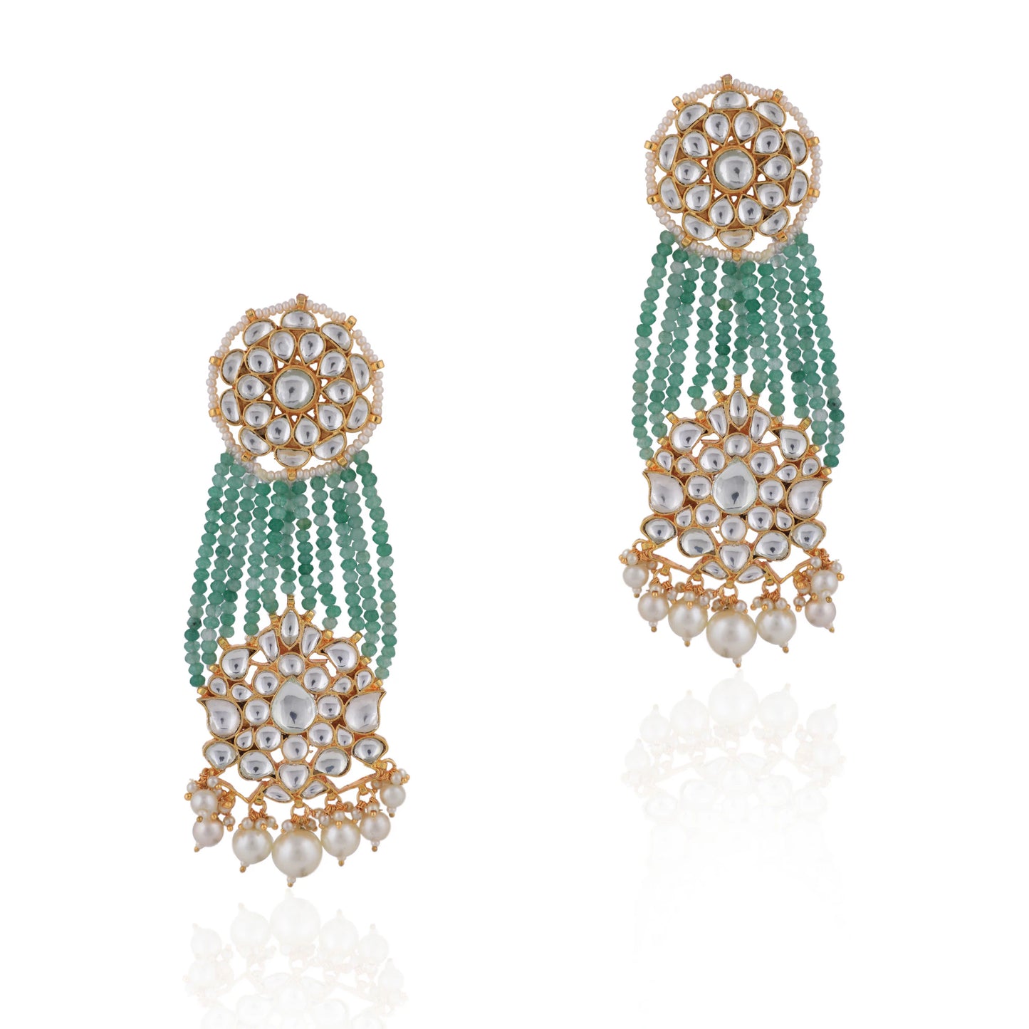Green And White Gold Tone Sea Green Beaded Long Earrings With Pearl