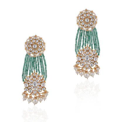 Green And White Gold Tone Sea Green Beaded Long Earrings With Pearl
