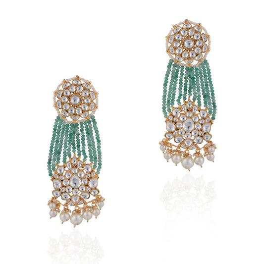 Green And White Gold Tone Sea Green Beaded Long Earrings With Pearl