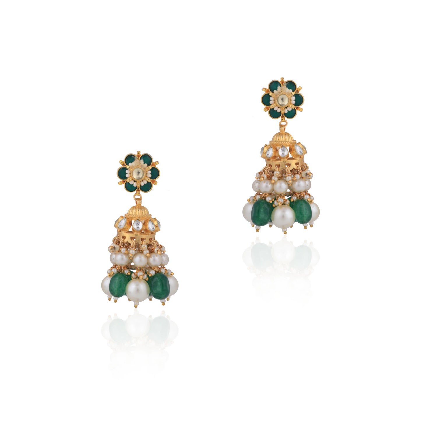 Floral Green Traditional With White Pearl Jhumki