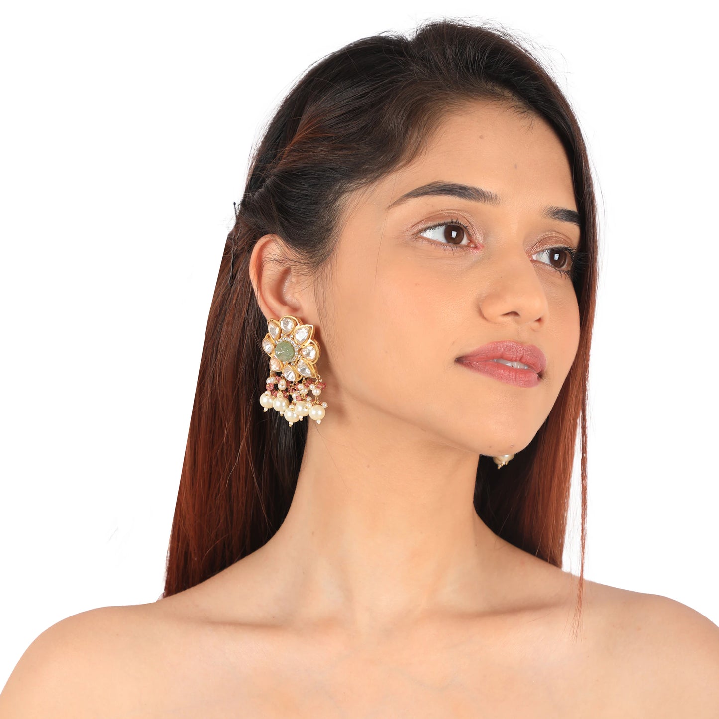 Sea Green Beads With White Pearl Statement Earrings
