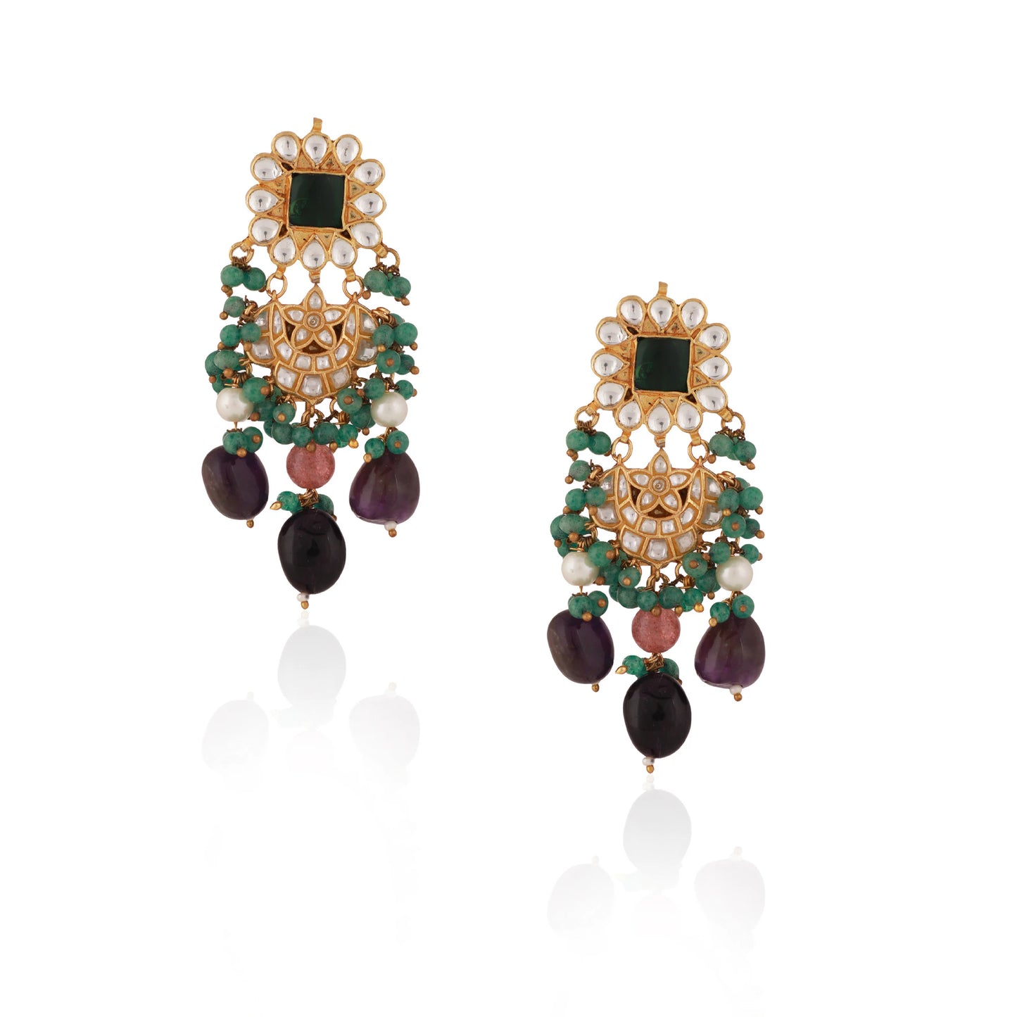 Purple Beads & Sea Green Hangings Party Wear Earrings