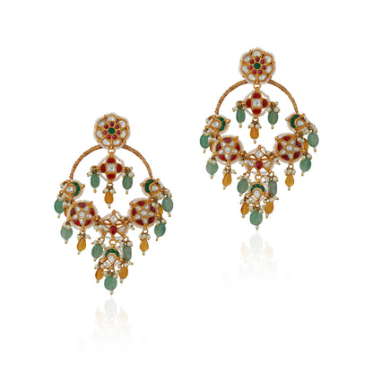 Textured sea green and yellow bead jadtar chandbali earrings