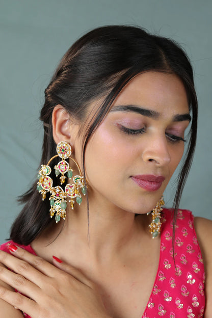 Textured sea green and yellow bead jadtar chandbali earrings