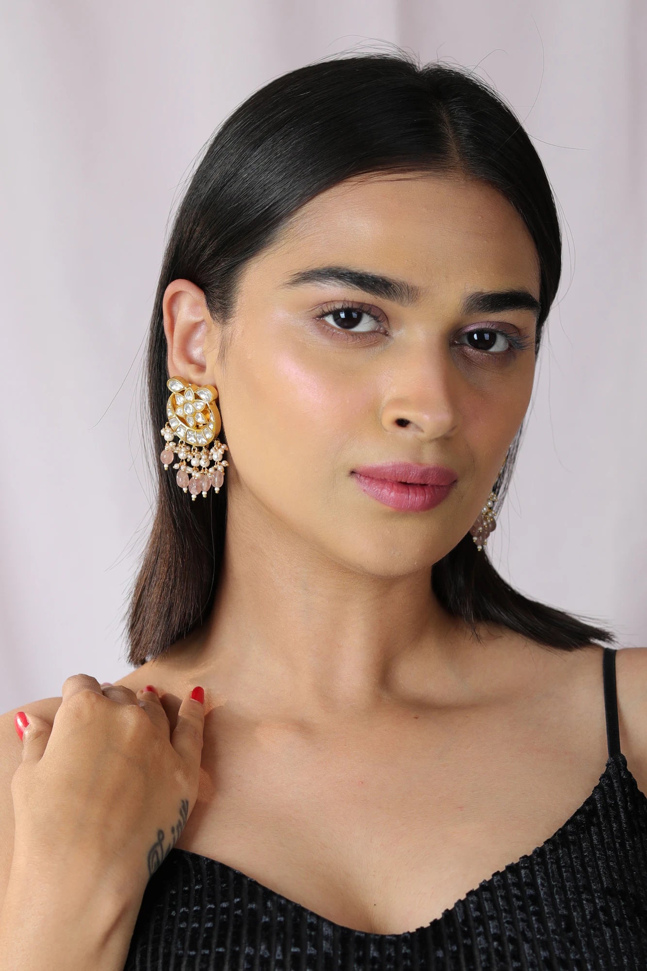 pink bead gold plated studs