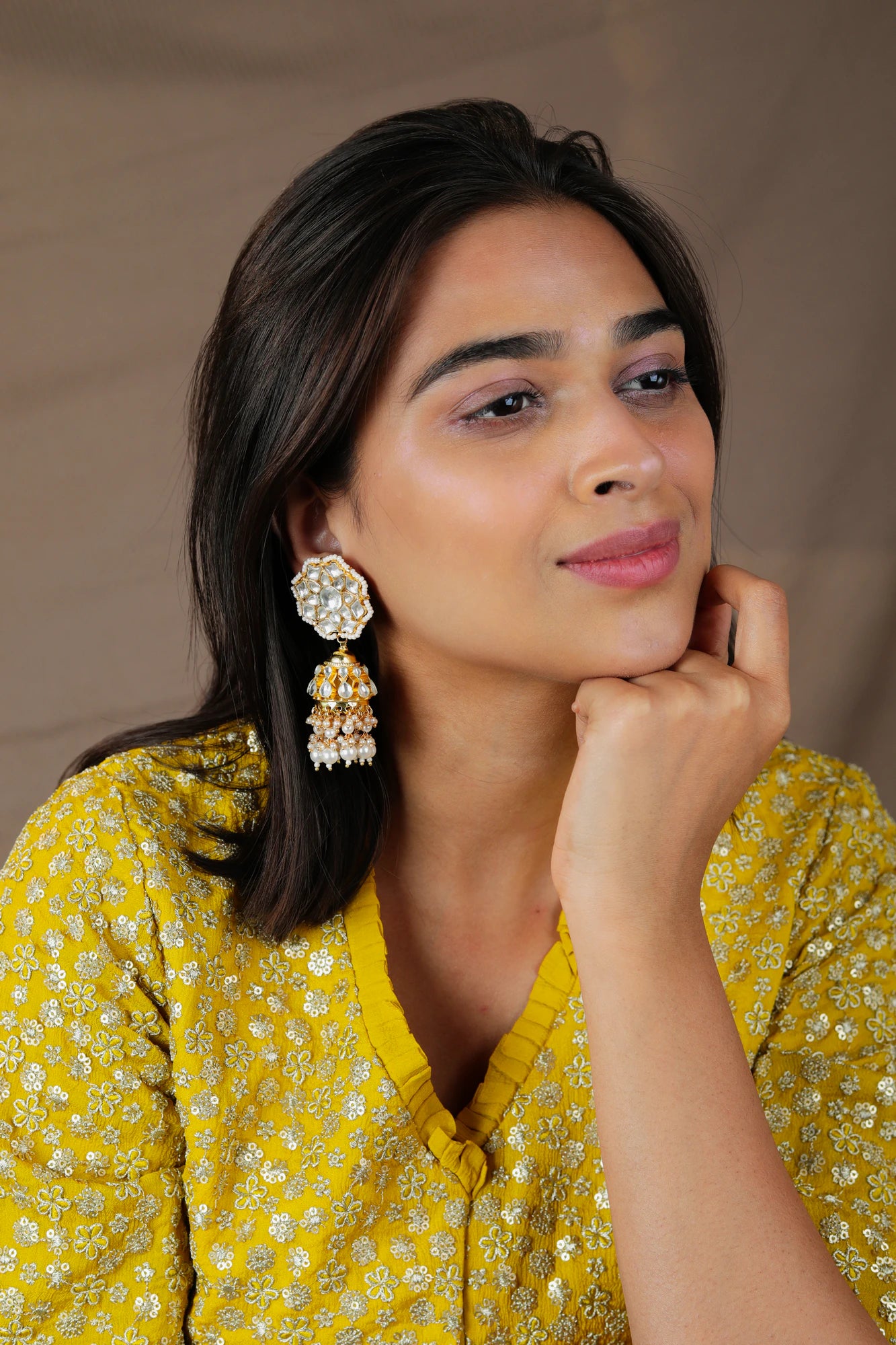 indian traditional wear white pearl jhumka