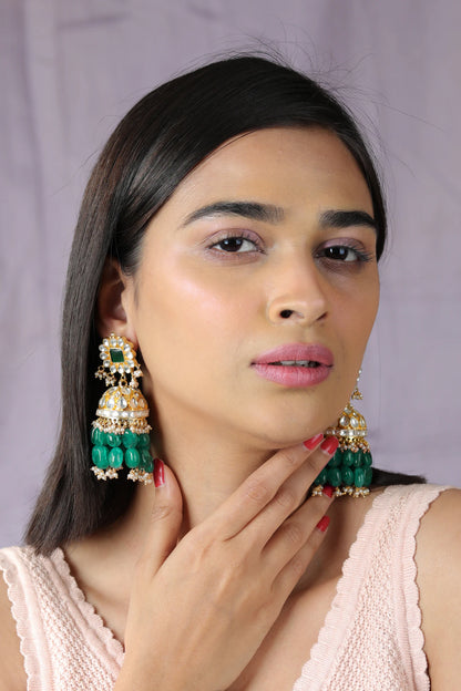 Festive wear Emerald green beads floral jhumkas
