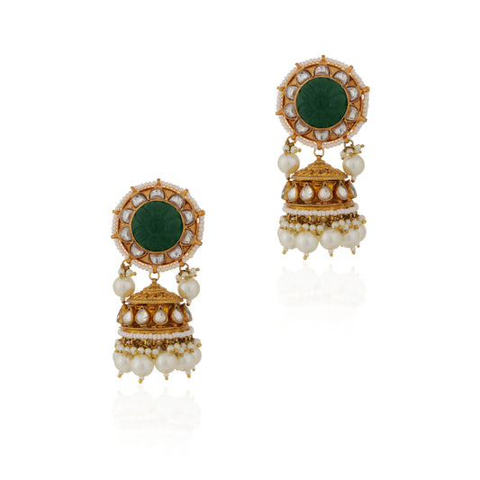 green white jhumka with handcrafted semi precious gem stones n pearls/indian gold plated jhumka