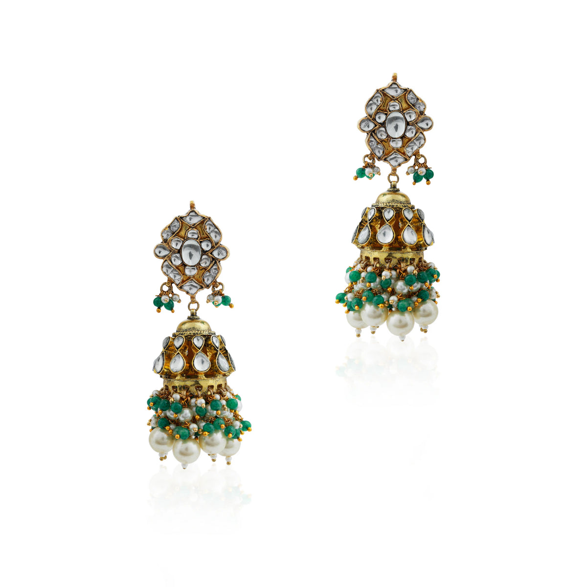 Gold finish occassion wear white pearl jhumka with green hangings