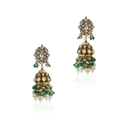 Gold finish occassion wear white pearl jhumka with green hangings