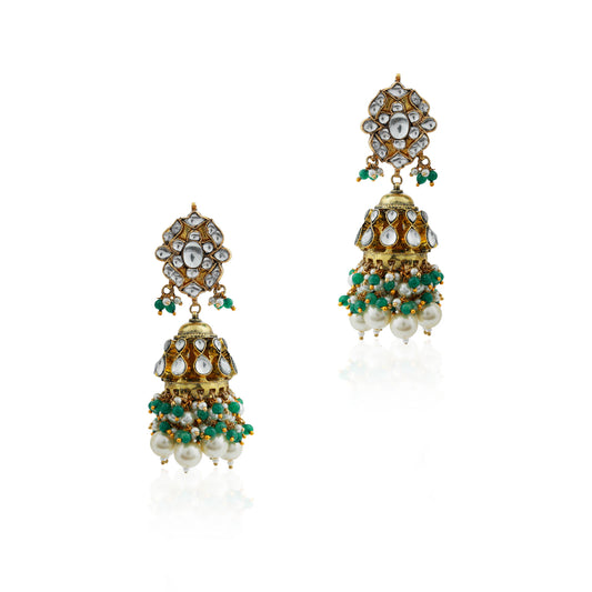 Gold finish occassion wear white pearl jhumka with green hangings