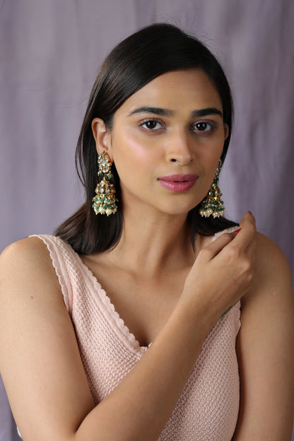 Gold finish occassion wear white pearl jhumka with green hangings