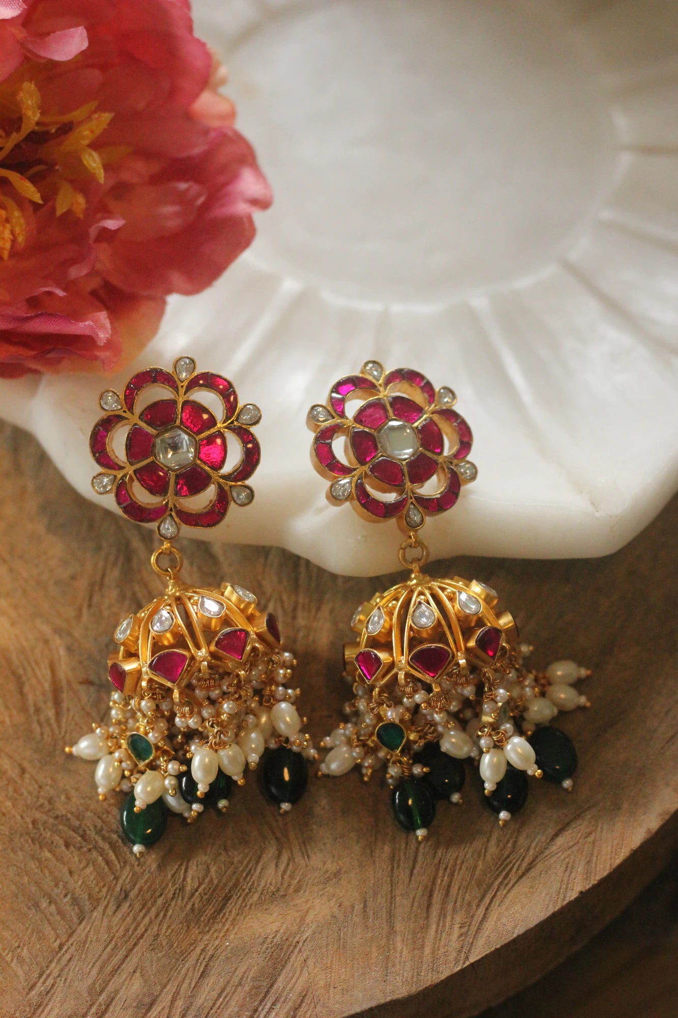Riana Pink  stone with green beadsTraditionl Wear Jhumka