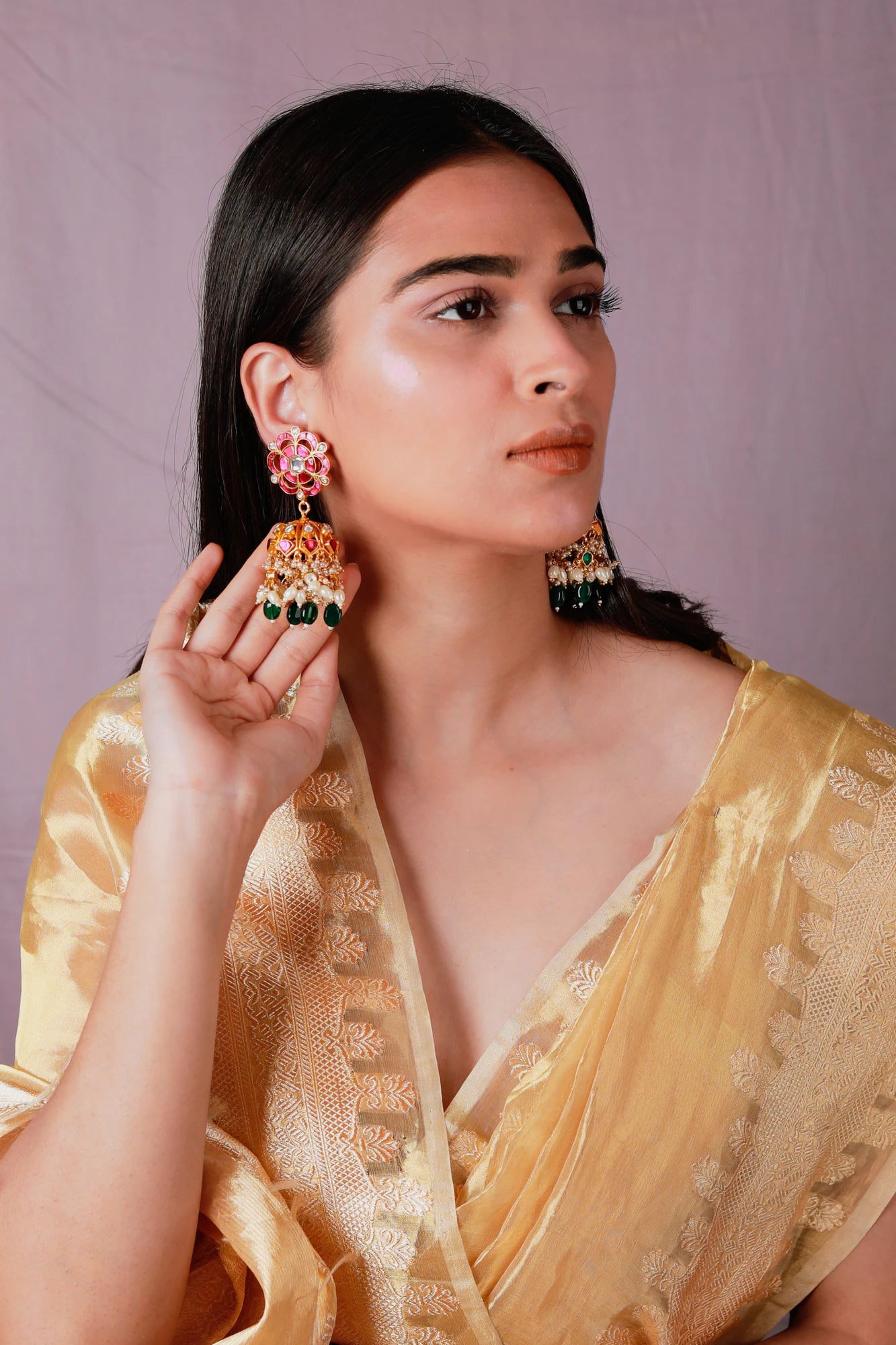 Riana Pink  stone with green beadsTraditionl Wear Jhumka