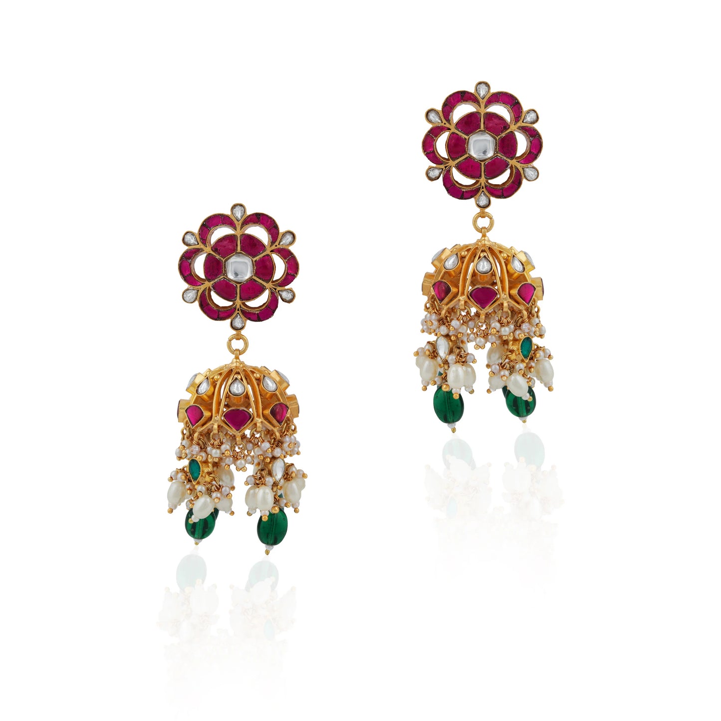 Riana Pink  stone with green beadsTraditionl Wear Jhumka
