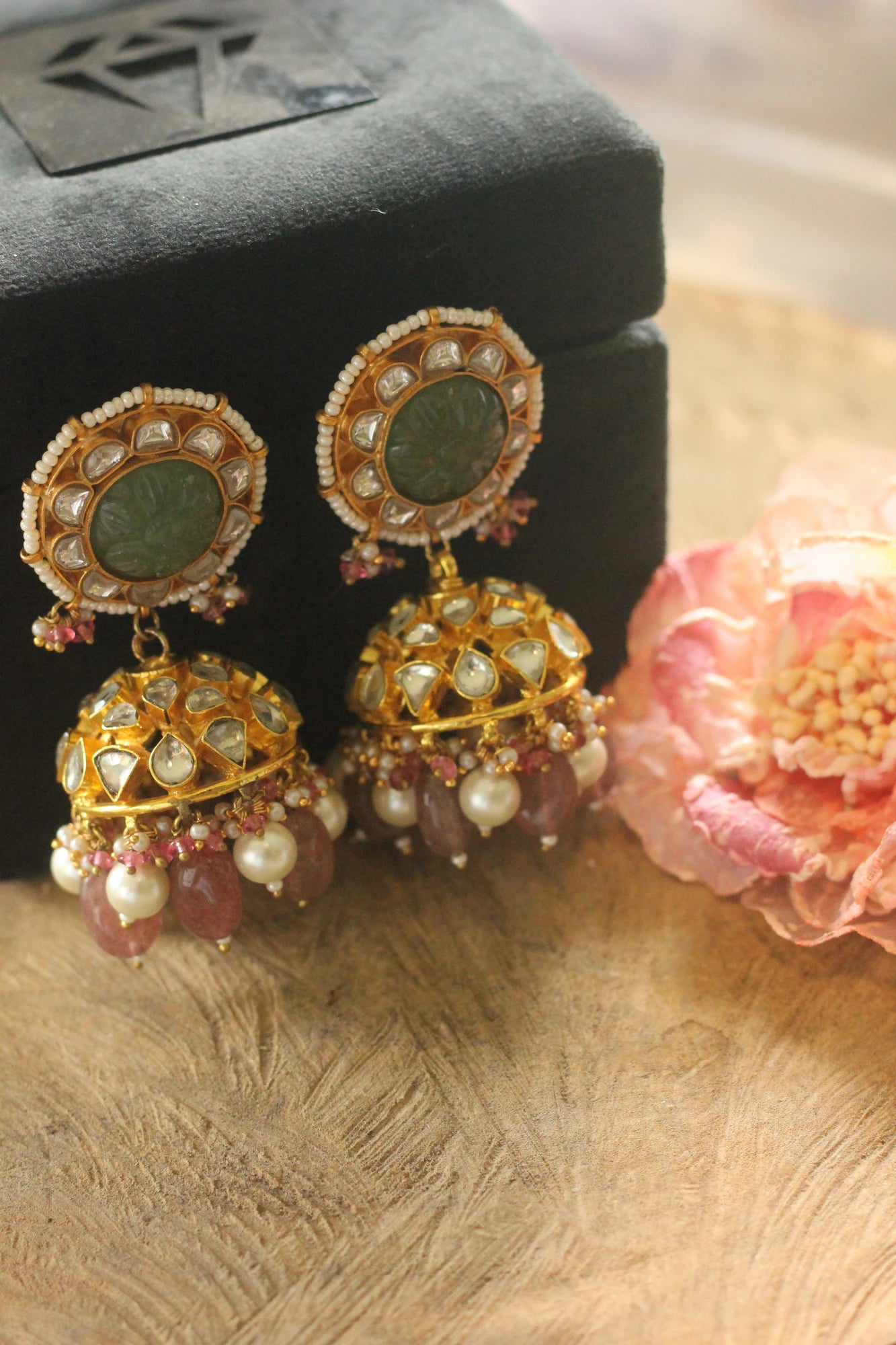 Green jhumka with white pearl
