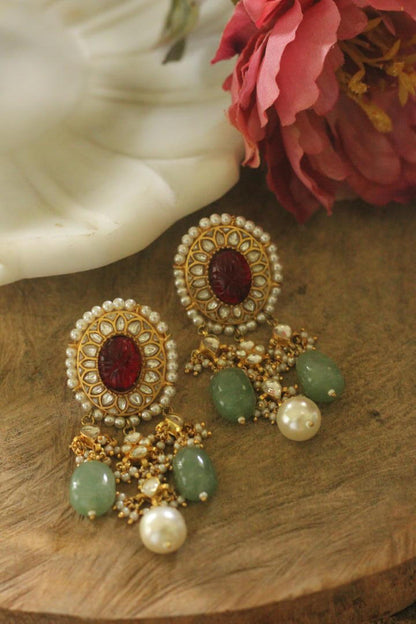 Red stone with sea green drop earrings