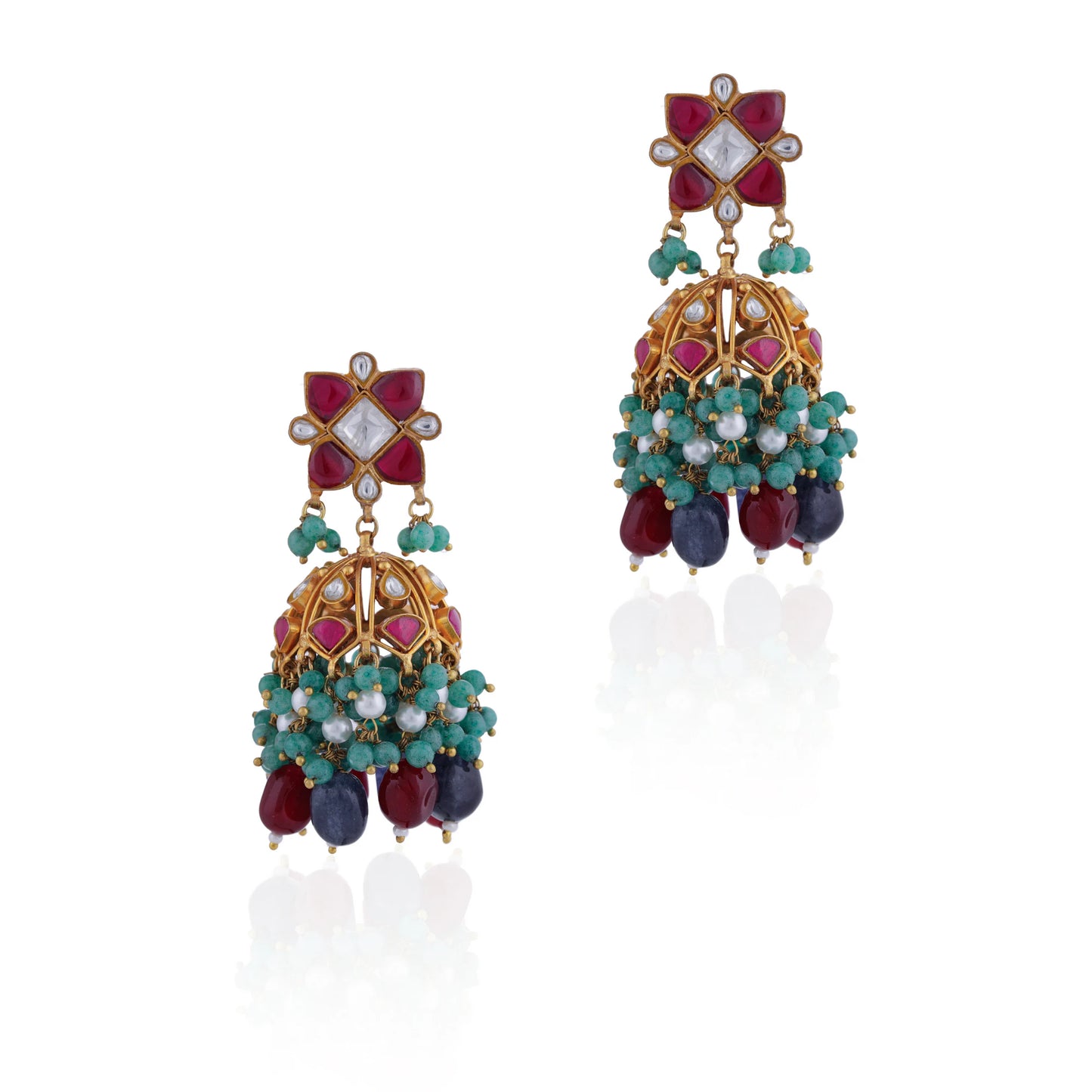 pink rajasthani earrings with sea green hangings