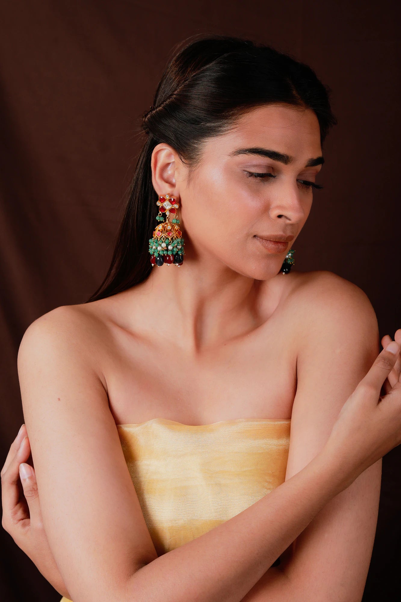 pink rajasthani earrings with sea green hangings
