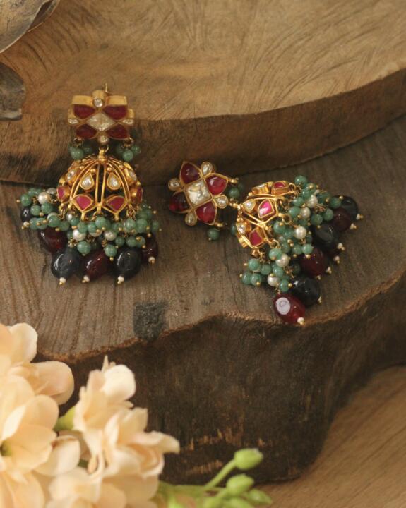 pink rajasthani earrings with sea green hangings
