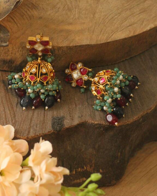 pink rajasthani earrings with sea green hangings