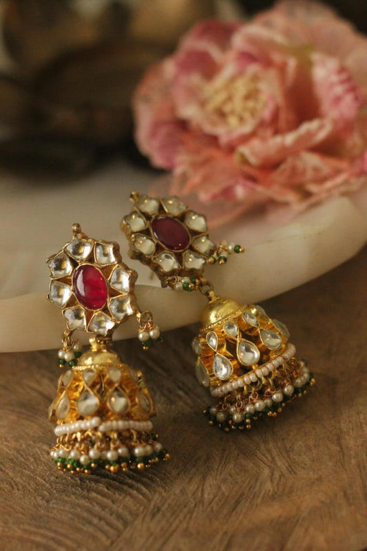 Pink and green gold plated jhumka