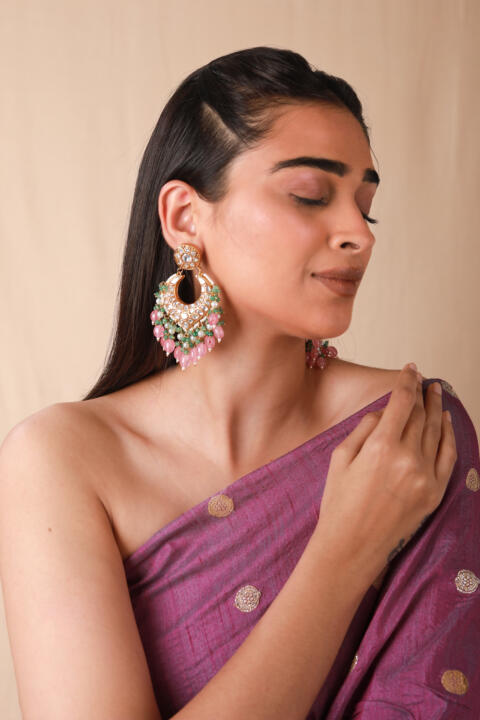 Pink embellished chandbaali with pearl