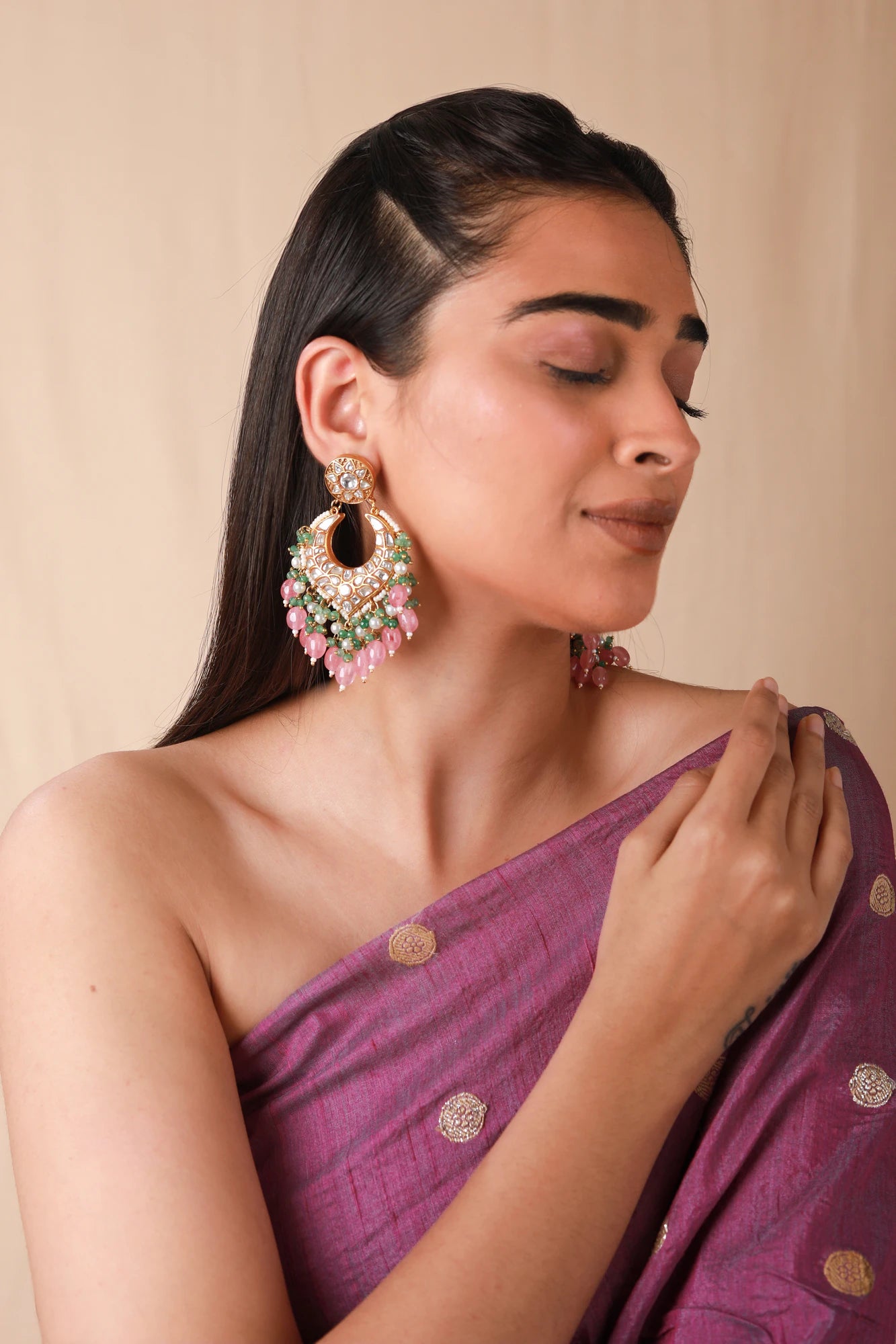 Pink embellished chandbaali with pearl