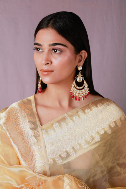 Traditional red drops kundan chandbali dangler earrings for women