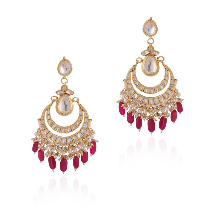 Traditional red drops kundan chandbali dangler earrings for women